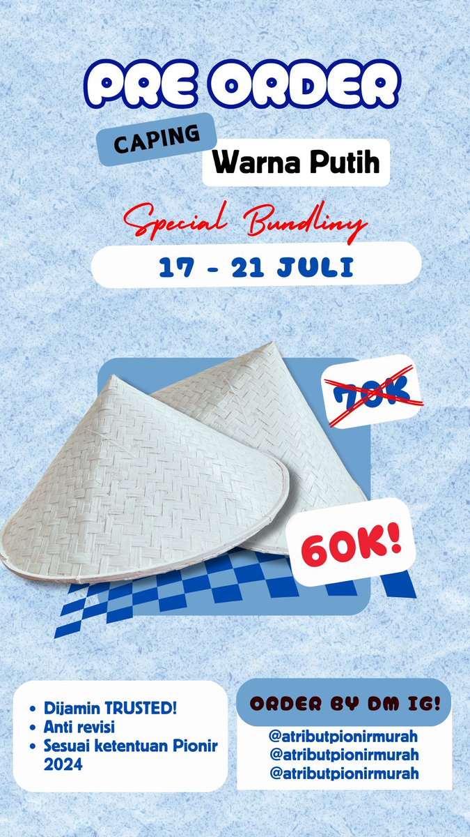 UGM_FESS's tweet photo. BELI 2 CAPING WARNA CUMA 60K⁉️🙀
Halooo Gamada 24 🎉
Yuk beli caping bareng temen lebih murah dengan ✨special bundling✨ hanya di @atributpionirmurah
‼️LIMITED SALE, ONLY 17-21 Juli‼️
Gass pesan by DM yaaa
Happy shopping! 🛍️🎀 #caping #atributppsmb #atributpinoir #ugm https://t.co/XYioHgcQn5
