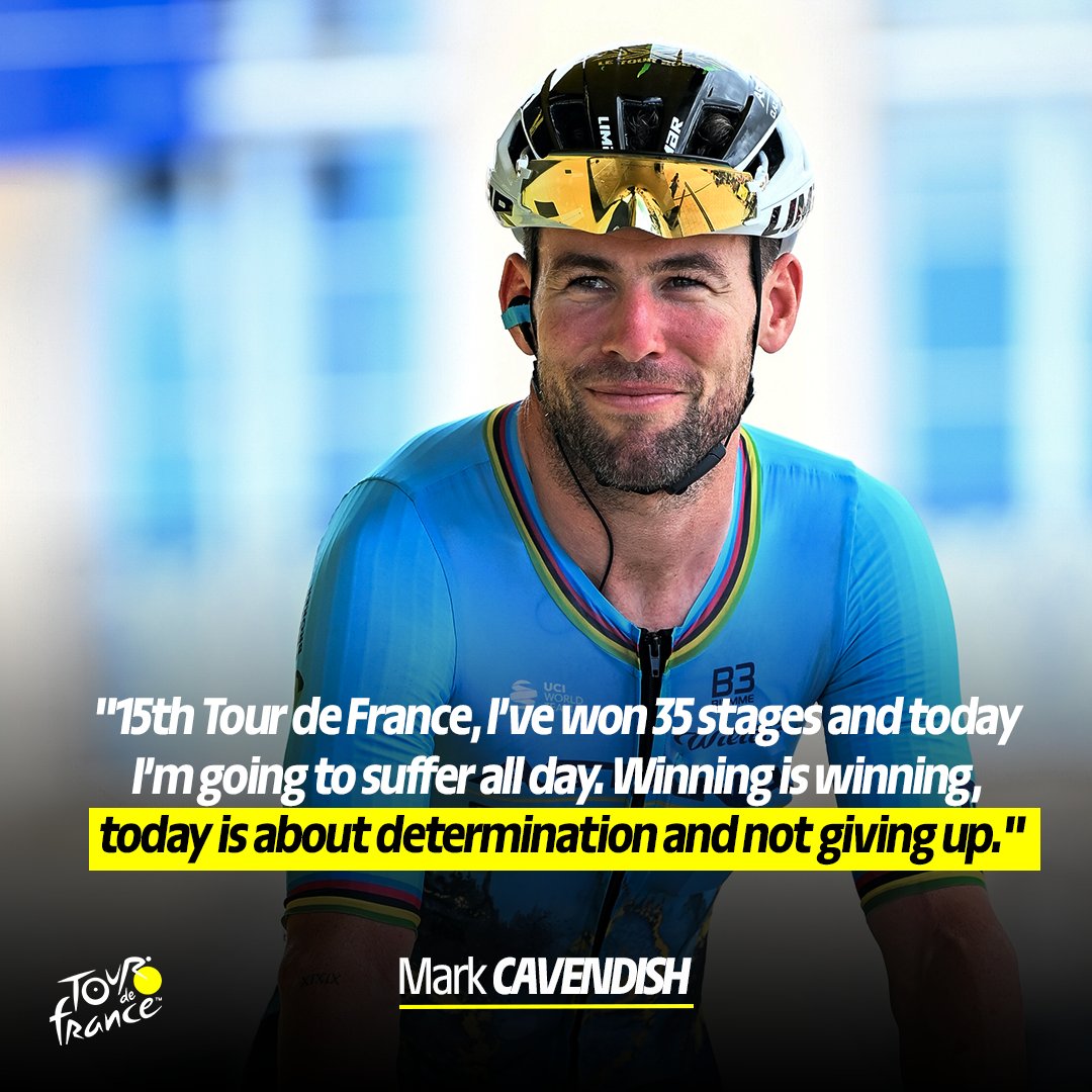 LeTour's tweet photo. 🗣️ "15ème Tour de France, j'ai gagné 35 étapes et aujourd'hui je vais souffrir toute la journée. Gagner c'est gagner, aujourd'hui c'est la détermination de ne pas abandonner." - 🇬🇧 @MarkCavendish 

#TDF2024 https://t.co/RgtiNjcA6G