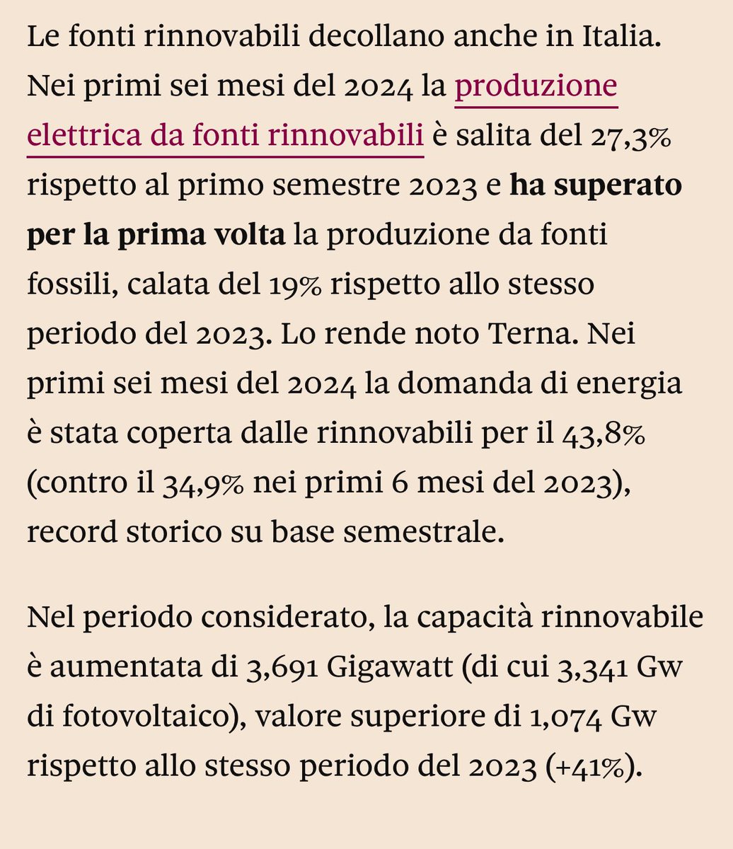 robdellaseta's tweet photo. Eco-antipatizzanti arrendetevi! In Italia x la prima volta le rinnovabili elettriche sopra le fossili: +27,3% nel primo semestre ´24 sul ‘23, fossili -19%. Intanto in Cina installati la + grande turbina eolica off-shore (18 MW) e il + grande parco fotovoltaico (3,5 GW) al mondo https://t.co/nT5tdEYlNx