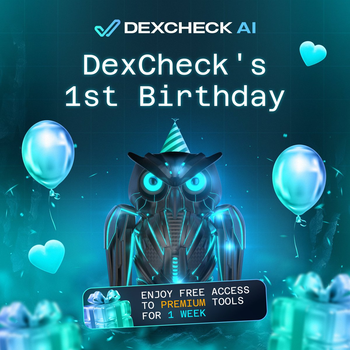 DexCheck_io's tweet photo. 🎉 DexCheck Turns 1 Year 🎉

It's our birthday, but the presents are for YOU:
To celebrate a year of empowering your trading decisions, we're giving away FREE access to our premium tools for ONE WEEK starting today!

🔍 Analyze your favorite tokens and follow smart traders with our advanced analytics. Simply complete our quick form to claim your gift: https://t.co/bV7FgjgiTx

Spread the birthday cheer: share this post and let everyone join the party!