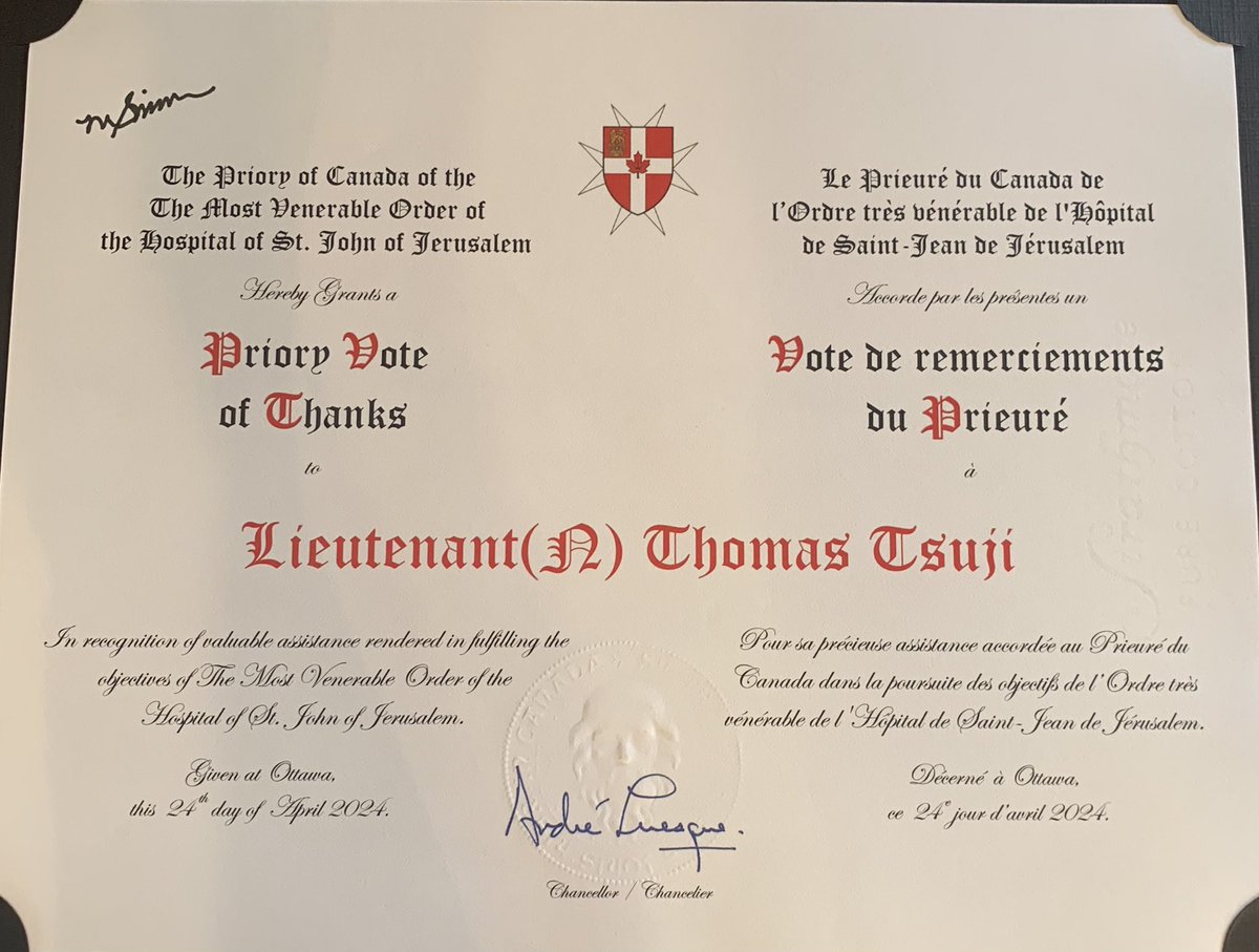 wilder_drew's tweet photo. An honour to congratulate Lt(N) @ThomasTusji the Commanding Officer of CNS Ottawa upon receiving an Order of St. John Priory Vote of Thanks, granted by @DrALevesque and Her Excellency @GGCanada Mary Simon.  Advancing the Order objectives!  @orderofstjohnca @jburgoin @SirAdamKSTJ https://t.co/ju1fFRZs2a