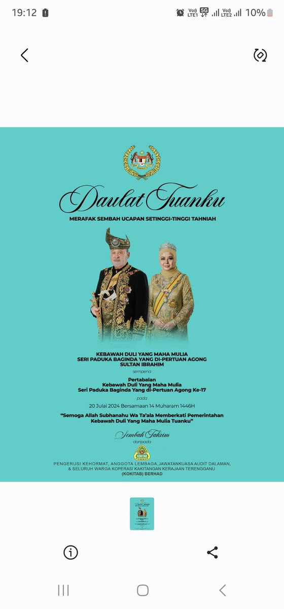 KOKITABBERHAD's tweet photo. Daulat Tuanku
Merafak Sembah Ucapan Setinggi2 Tahniah Kebawah DYMM Seri Paduka Baginda Yg di-Pertuan Agong,Sultan Ibrahim sempena Istiadat Pertabalan Yg di-Pertuan Agong Ke-17.
Sembah Takzim drpd Pengerusi Kehormat,Anggota Lembaga,J/Kuasa Audit Dalaman,&amp;Warga Kerja KOKITAB Berhad https://t.co/srRW4NKFz6