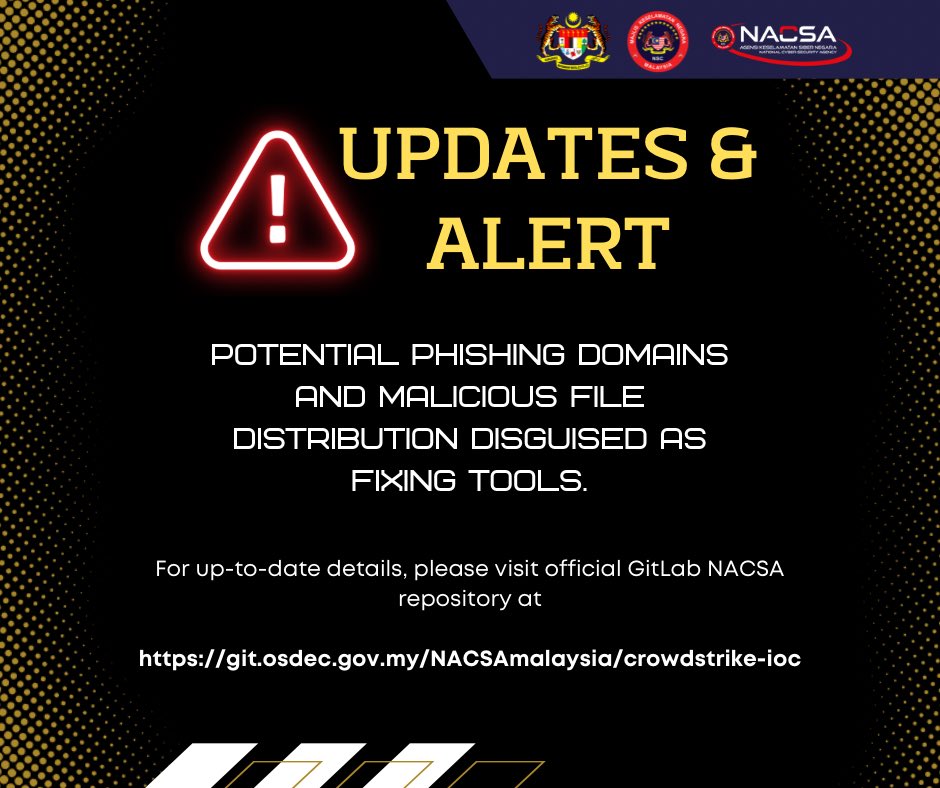 NACSAmalaysia's tweet photo. 🚨𝐔𝐏𝐃𝐀𝐓𝐄𝐃 𝐀𝐋𝐄𝐑𝐓🚨
 
NACSA is aware of the registration of several possibly malicious domains and the circulation of unofficial files that purportedly assist organisations in recovering from the extensive outages resulting from the CrowdStrike technical issue. https://t.co/eixFaEGWmr