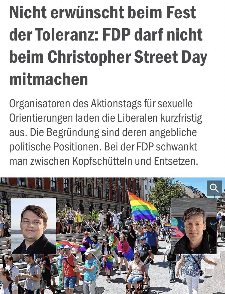 missdelein2's tweet photo. Auch die FDP wollte sich am CSD in Konstanz als Anhänger der Queer-Theorie präsentieren aber offenbar sind sie noch nicht „Queer“ genug und sie wurden von den Organisatoren kurzerhand ausgeladen.
Als Grund wurde angeführt, dass die FDP nicht sofort einer neuen „Beratungsstelle“ für sogenannte „queere Menschen“ zustimmte. Die FDP wollte erstmal prüfen, welche Angebote es bereits gibt.
Kritisiert wird auch, dass der Fraktionschef Christian Dürr eine Debatte darüber angeregt hat, ob eine sexuelle Orientierung ein Asylgrund sein kann.
Mit einer Absage habe man nicht gerechnet und man ist „enttäuscht und schockiert“ denn man fühlt sich einer sogenannten „LGBTQ-Gemeinschaft“ zugehörig und ist solidarisch.
„Ohne ein Gespräch, ohne eine Rücksprache sei man mit ein paar Zeilen in einem Nachrichtendienst ausgeladen worden.“
Man muss halt eben voll auf Linie sein um mitmischen zu dürfen. Bei der kleinsten Abweichung ist man raus und für solche Leute macht die FDP Politik, gegen die Mehrheit der Bevölkerung.
Mitgegangen, mitgefangen, mitgehangen.
#Selbstbestimmungsgesetz