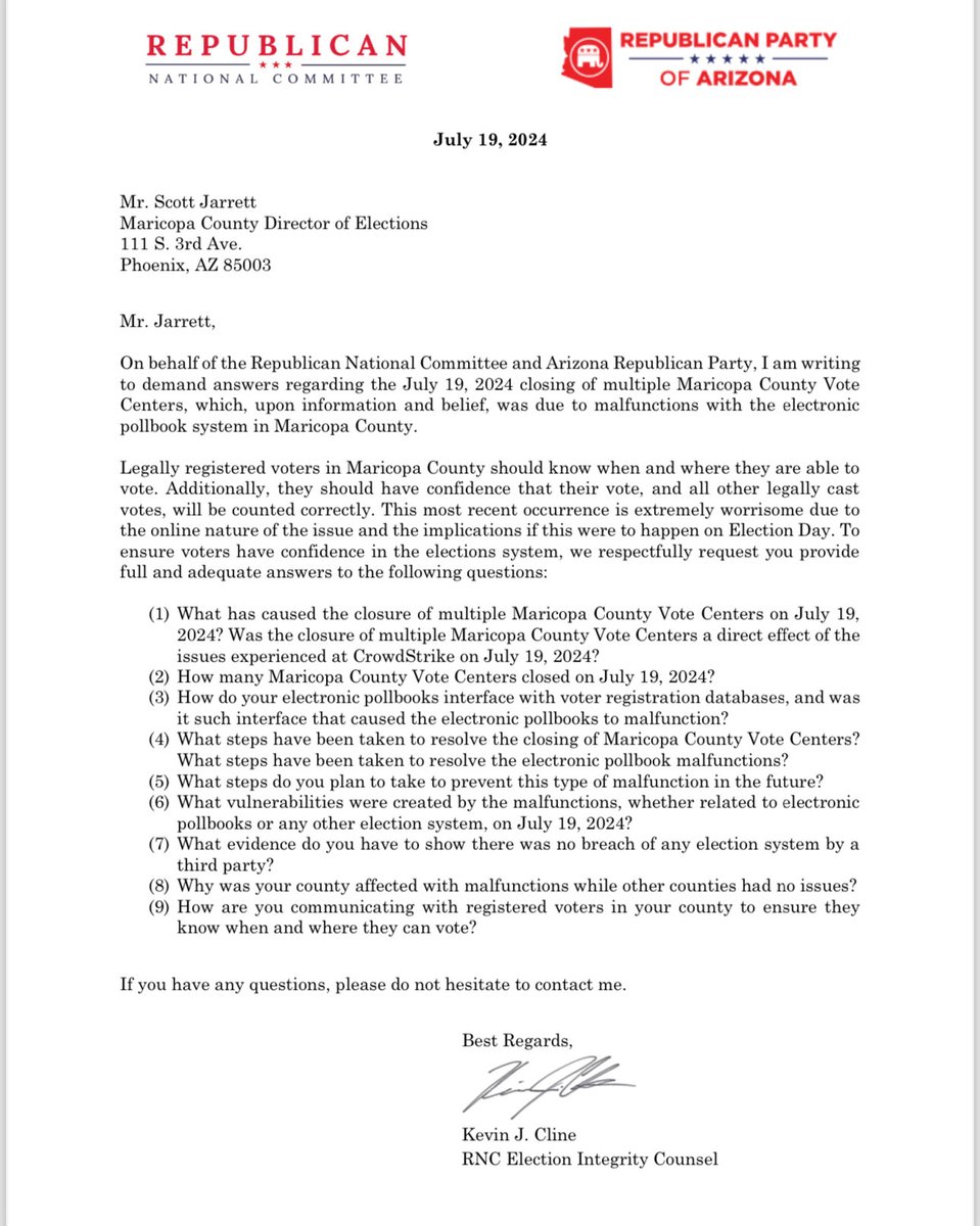 AZGOP's tweet photo. 🚨@GOP and @AZGOP have requested information from Maricopa County on the  CrowdStrike outage. Voters must have full confidence that election systems were not breached and that this will not happen again. https://t.co/7UPgxUNgaY