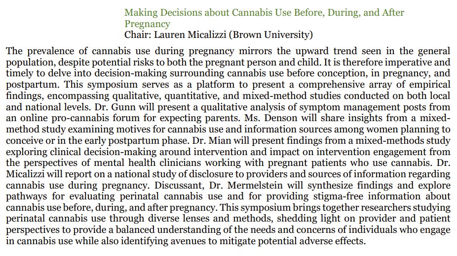 Come see a bunch of our Cannabis consulting editors present on "Making Decisions about Cannabis Use Before, During, and After Pregnancy" today at 1:15pm. <a href="/LMicalizziPhD/">Dr. Lauren Micalizzi</a> @RachelLynGunn <a href="/mahiii_mahiii/">maha mian</a>