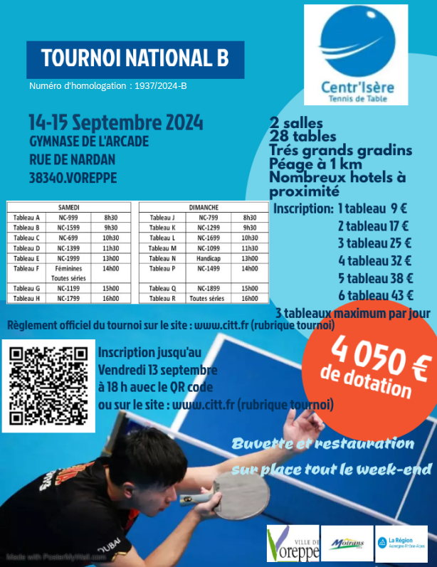 centriserett's tweet photo. 📢 Tournoi du CITT 🏆

Rendez-vous à Voreppe les 14-15 septembre 2024 ! Joueurs, venez lancer la saison avec nous ! 💪

📍 Lieu : Gymnase de l'Arcade, Voreppe
📝 Inscriptions : Citt - tournoi national 2024 (https://t.co/saOzNANjlg)

À vos raquettes ! 🏓
#TableTennis https://t.co/aAhFkoRSq1
