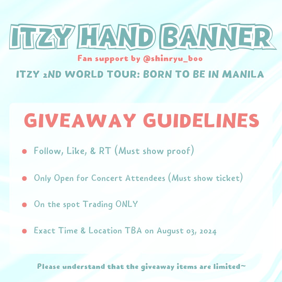 shinryu_boo's tweet image. ITZY 2ND WORLD TOUR: BORN TO BE IN MANILA

Hand Banner Fan Project by yours truly~

MIDZYs! Are you excited for Itzy&apos;s Concert?!

I&apos;ll be giving away banners and other memorabilia on August 03, 2024 at MOA ARENA! Please check the photos below for details^^

#ITZY_BORNTOBE_MANILA
