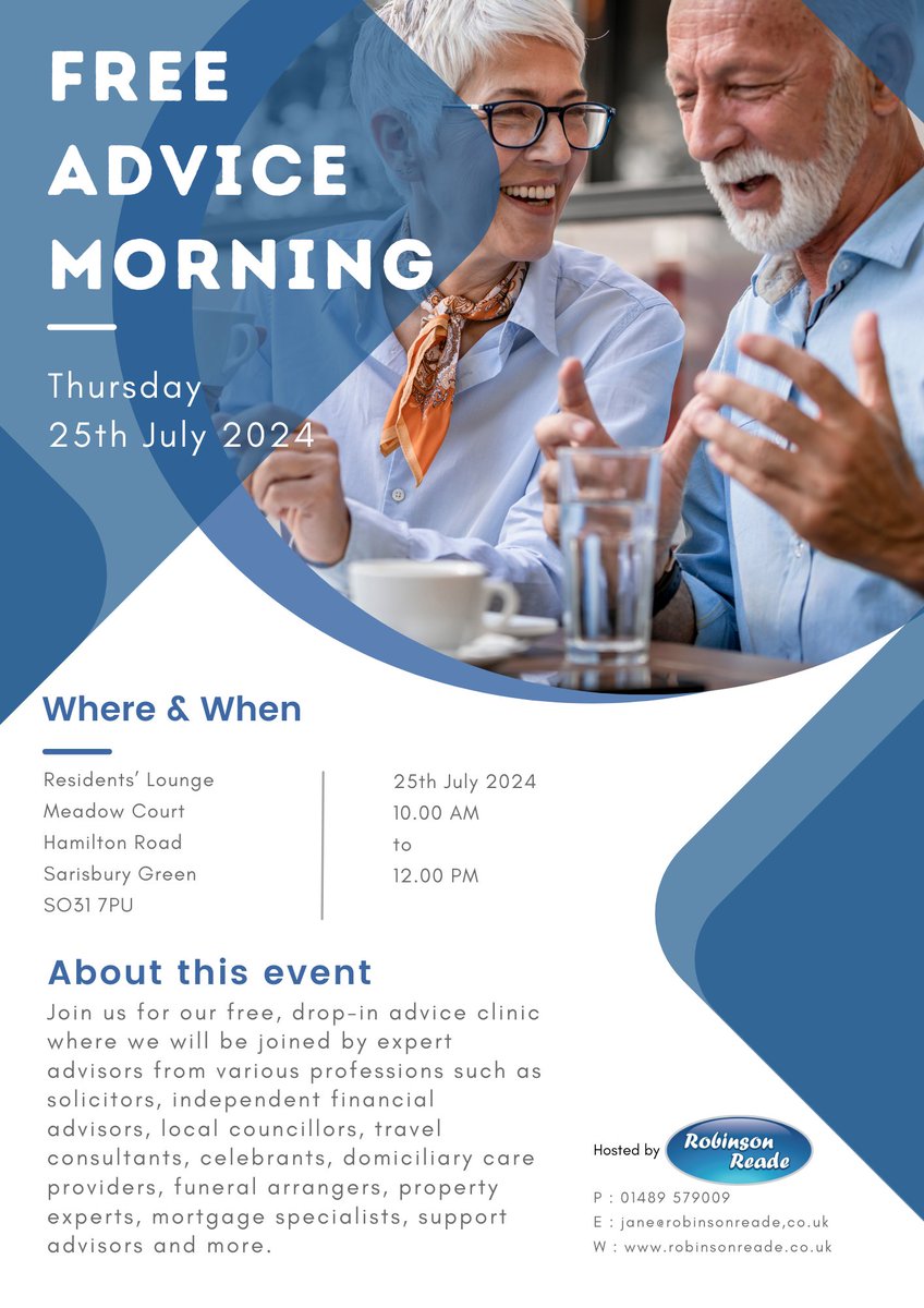 RobinsonReade's tweet photo. We have a fantastic team of advisors lined up for the FREE ADVICE Morning at Meadow Court on Thursday.

You will also be able to have a look around this lovely over 50's development and view the apartments we have available for sale from £250,000.

Bring a friend and come along. https://t.co/x3cNfQIZ5c