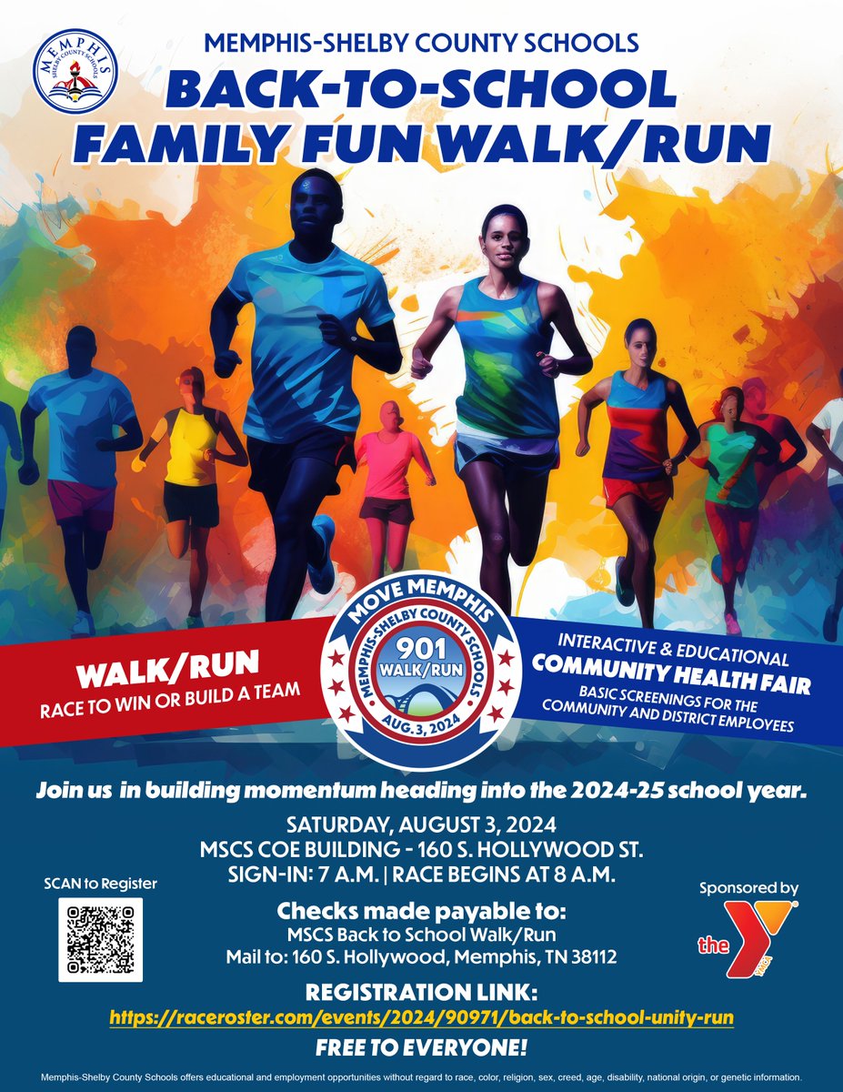 MSCSK12's tweet photo. π Save the Date - 901 Family Fun Walk/Run!π
ποΈSat, Aug 3
π160 S. Hollywood St.
π Sign-In: 7AM | Start: 8AM
Join us for a 2.5 Mile run/walk & community health fair with basic screenings. Fun for all!
Register to join!
https://t.co/zHc2p1GEvU
#MoveMemphis #FamilyFunRun https://t.co/rv1brvrCua