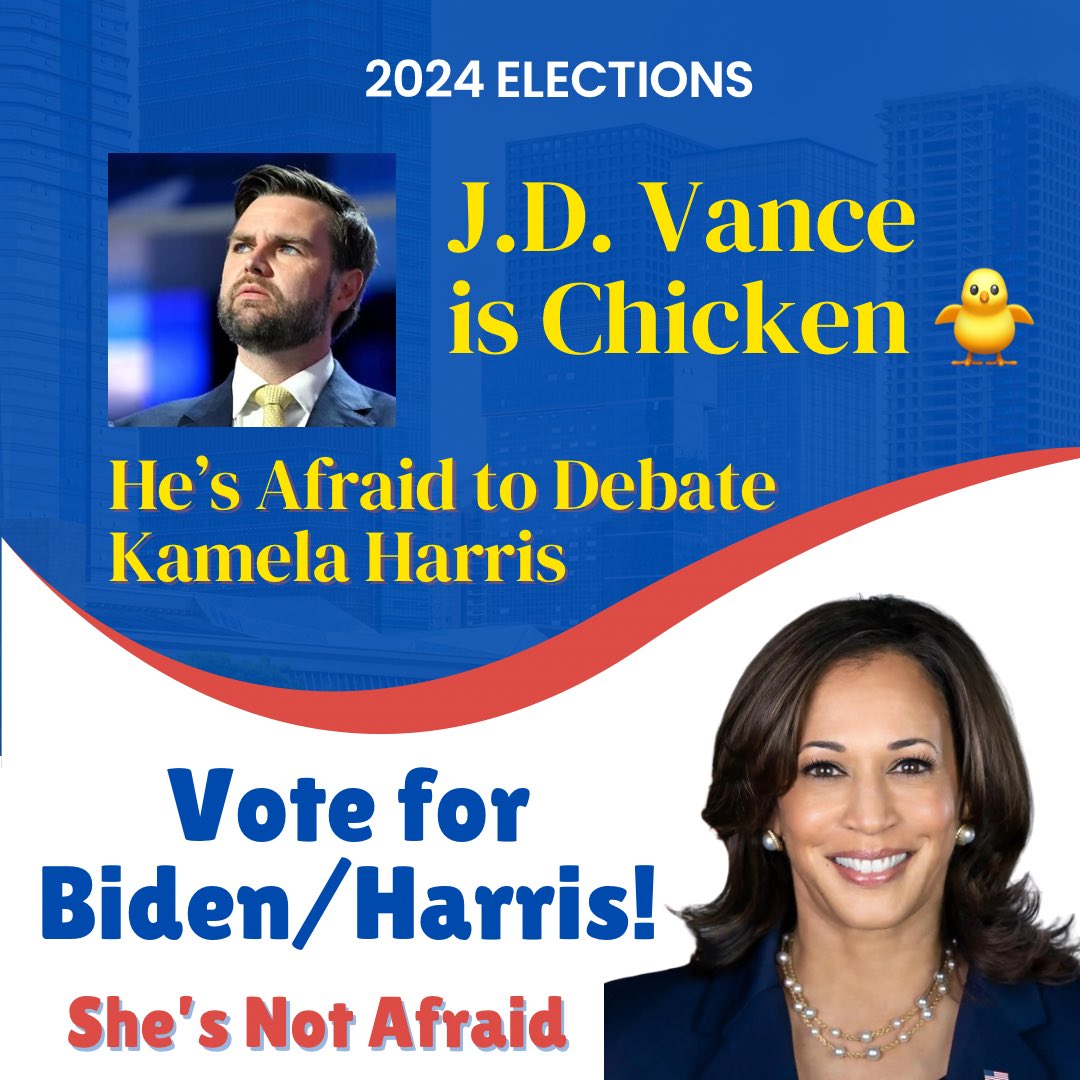 Jrussellforhire's tweet photo. Vance can’t defend his extremist, sexist views and she’s wipe the floor with him! That’s why he’s afraid to debate her. #BidenHarris2024 #VPDebates https://t.co/YdRotm05si