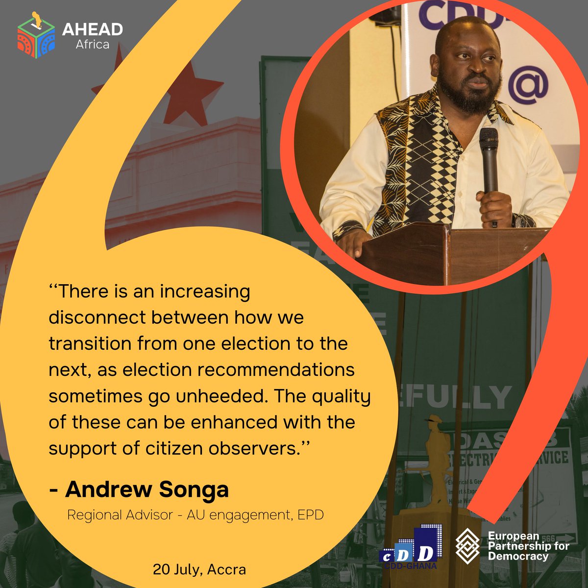 AHEADxAfrica's tweet photo. Significant investment often goes into observing elections and providing recommendations to improve electoral integrity. 💰🔍

But, are these recommendations truly making a difference?

Andrew Songa (@drewfremen), Regional Advisor, @EPDeu reflects.🎙️ https://t.co/p1bbcSp5cE