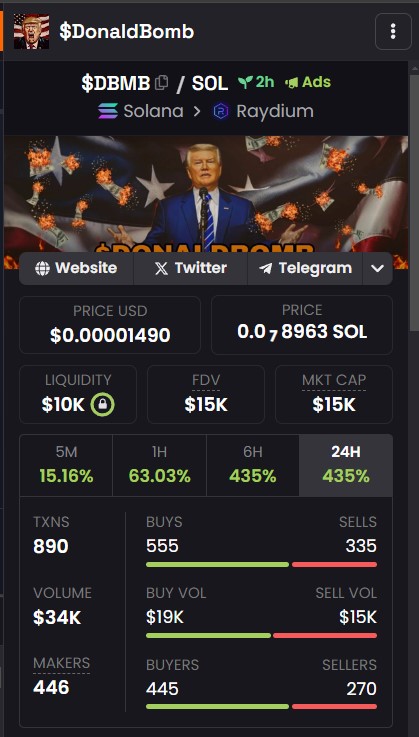DonaldBombCoin's tweet photo. $DBMB TO THE MOON ! 🚀
LP : BURNED 🔥✅
DEX Tools : Paid ✅
DEX Screener : Ads ✅
Telegram : https://t.co/ajSKtKBhV0
Website : https://t.co/Cj2w7WbaBq
CA : 2GmbURq3KdJbFDPLwtkHzNpBQeJvTEdUbj2KuNjFQz6L
#DBMB #DonaldBomb #memecoin #TokenInfo #cryptocurrency https://t.co/ha5x7BKaIq