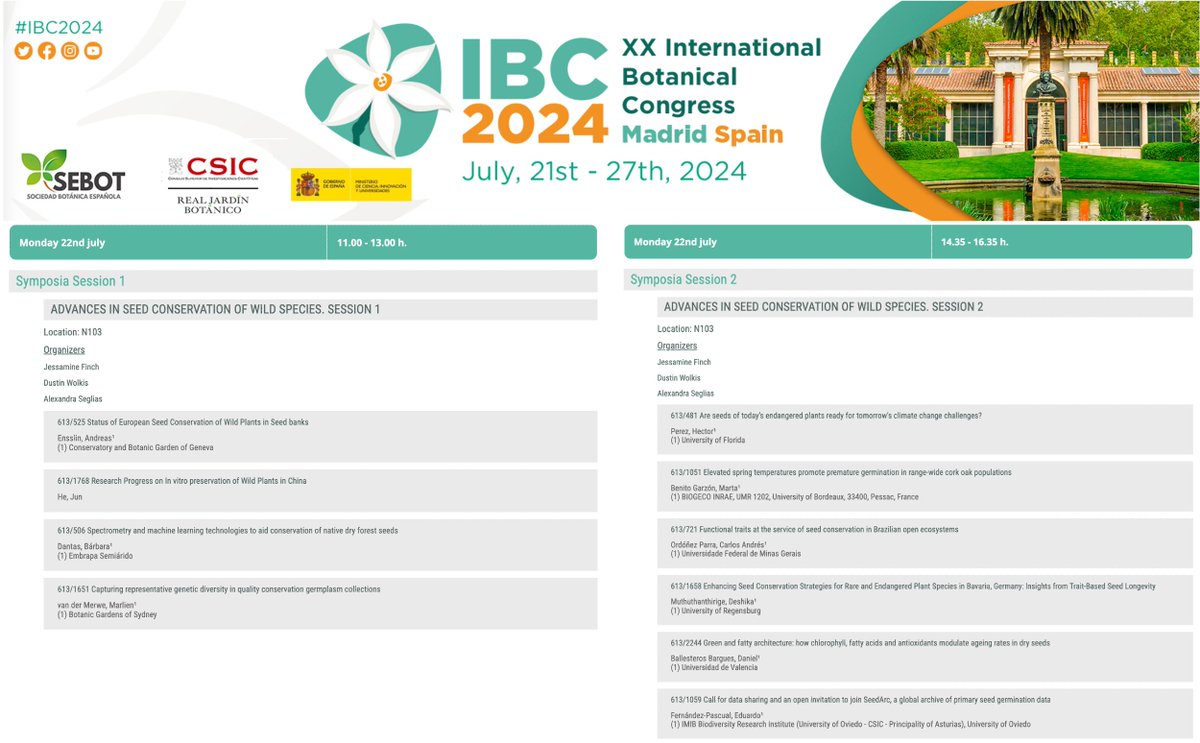 Joining <a href="/ibc2024/">IBC2024</a> #ibc2024 and interested in #biodiversity conservation of seeds?

We welcome you to attend our double symposium, "Advances in Seed Conservation of Wild Species" this Monday!

Session I
ibcmadrid2024.com/index.php?secc…

Session II
ibcmadrid2024.com/index.php?secc…