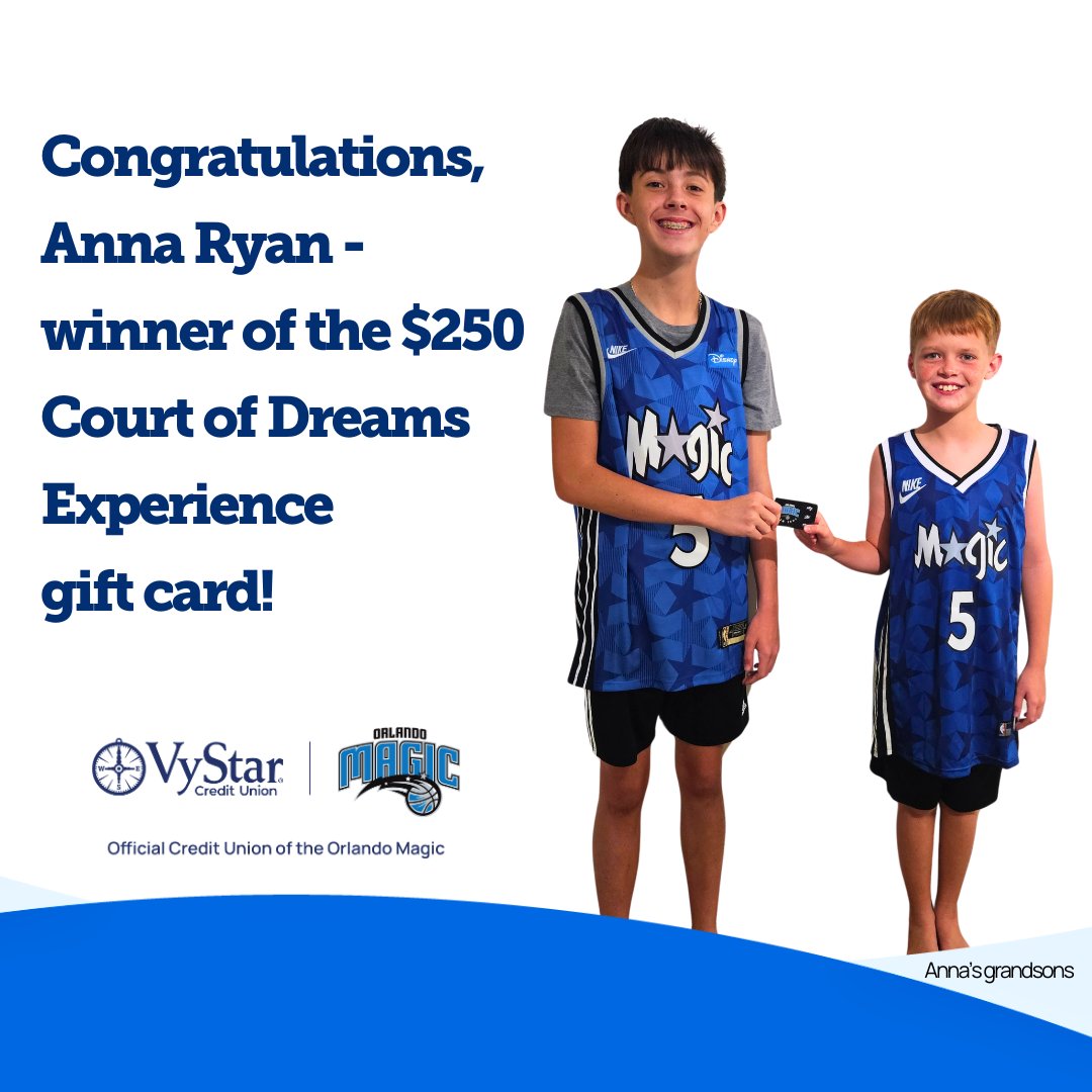OfficialVyStar's tweet photo. Congratulations to Anna Ryan, a #VyStar Orlando Magic debit cardholder, for winning a $250 gift card to the team store! Her grandsons are all smiles holding the gift card and had an absolute blast at the Court of Dreams experience with the @OrlandoMagic.
https://t.co/AfYn0xTPQO https://t.co/a0tKYAOG1N