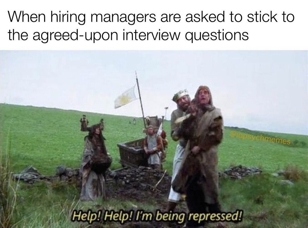iopsychmemes's tweet photo. People often chafe at being restricted to a list of interview questions, but the standardization does reduce bias and improve hiring quality.

#hiring #selection #OHPsych #IOPsych #iopsychmemes #psychology #psychologymemes #psychmemes #APpsych (rerun) https://t.co/KuyPW2soTm