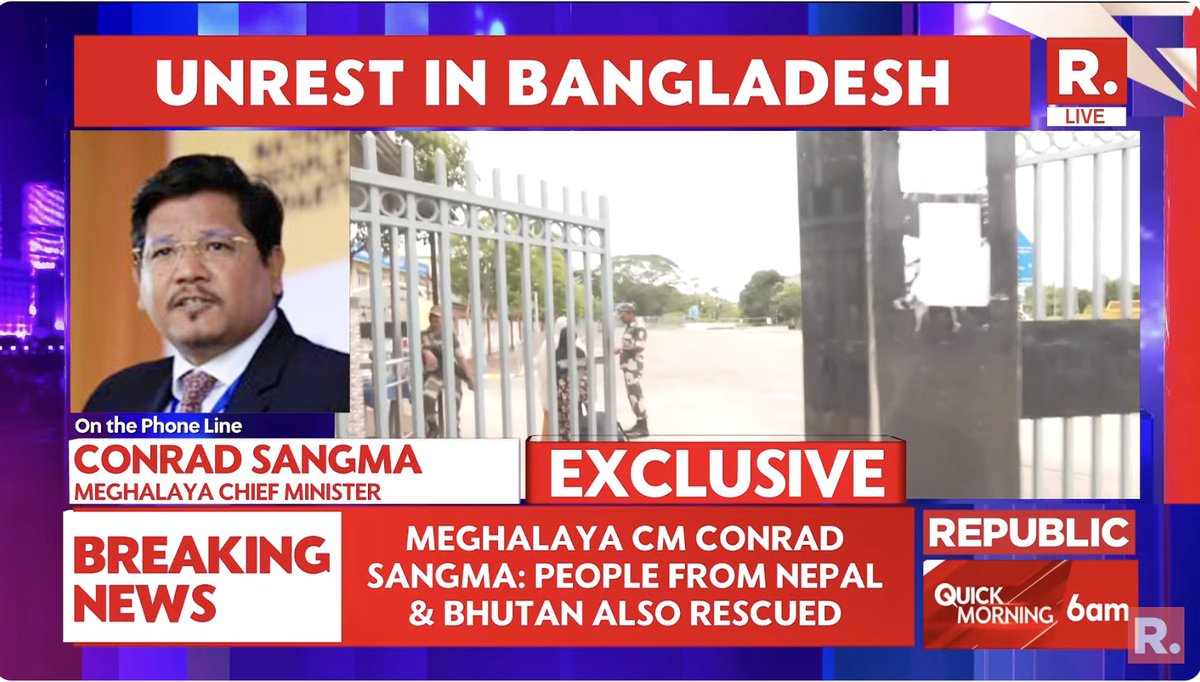 republic's tweet photo. Unrest in Bangladesh | "The situation is tense, curfew is imposed. Slowly and steadily, most of the students and citizens who were stuck including citizens of Bhutan and Nepal have also managed to come through the Dawki port into Meghalaya and gone forward to their respective areas": Meghalaya CM Conrad Sangma (@SangmaConrad) #EXCLUSIVE

Tune in here - https://t.co/yBqY4tdLzq #Meghalaya #Bangladesh #India #BangladeshQuotaMovement