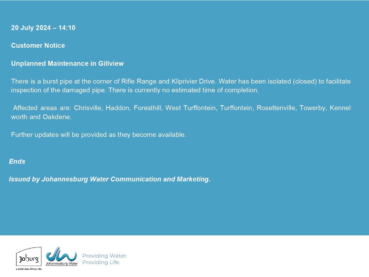 JHBWater's tweet photo. #JoburgUpdates
#UnplannedMiantenance #Gillview ^BN https://t.co/kF5A45Oicf