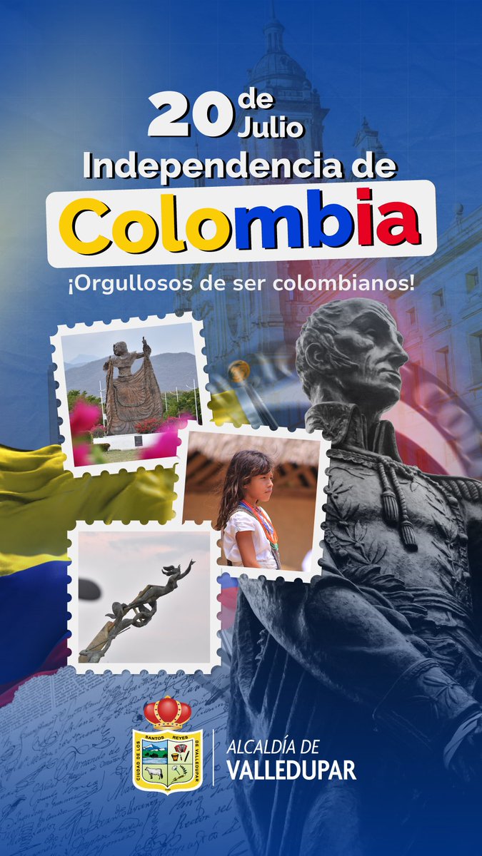 AlcaldiaVpar's tweet photo. 🇨🇴 Hoy celebramos con orgullo y emoción 214 años del grito de #IndependenciadeColombia

¿Qué amas de tu país? 💛💛💙❤️

En #Valledupar destacamos la fuerza y pujanza de nuestra #gente, unidos a los más de 50 millones de habitantes que a diario trabajan por un futuro mejor. https://t.co/YEACqCixAz