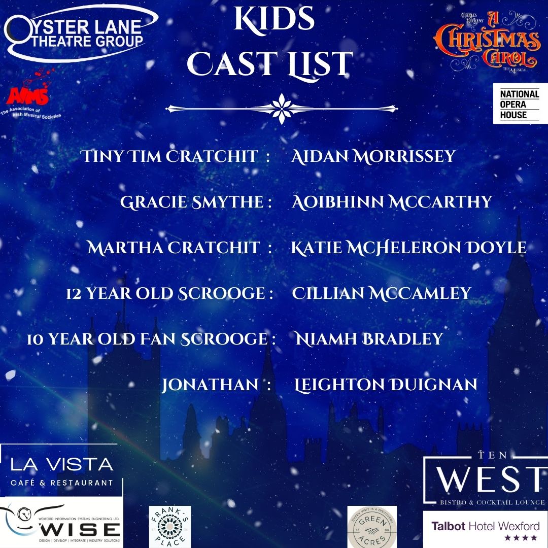Here it is...Congratulations to the cast for OLTG's 30th Anniversary production 
'A Christmas Carol-the Musical'! 

A huge well done and thank you to almost 200 people who auditioned, you were all fabulous. Let's bring another fantastic show to the people of Wexford! 🎶💃🕺🎭