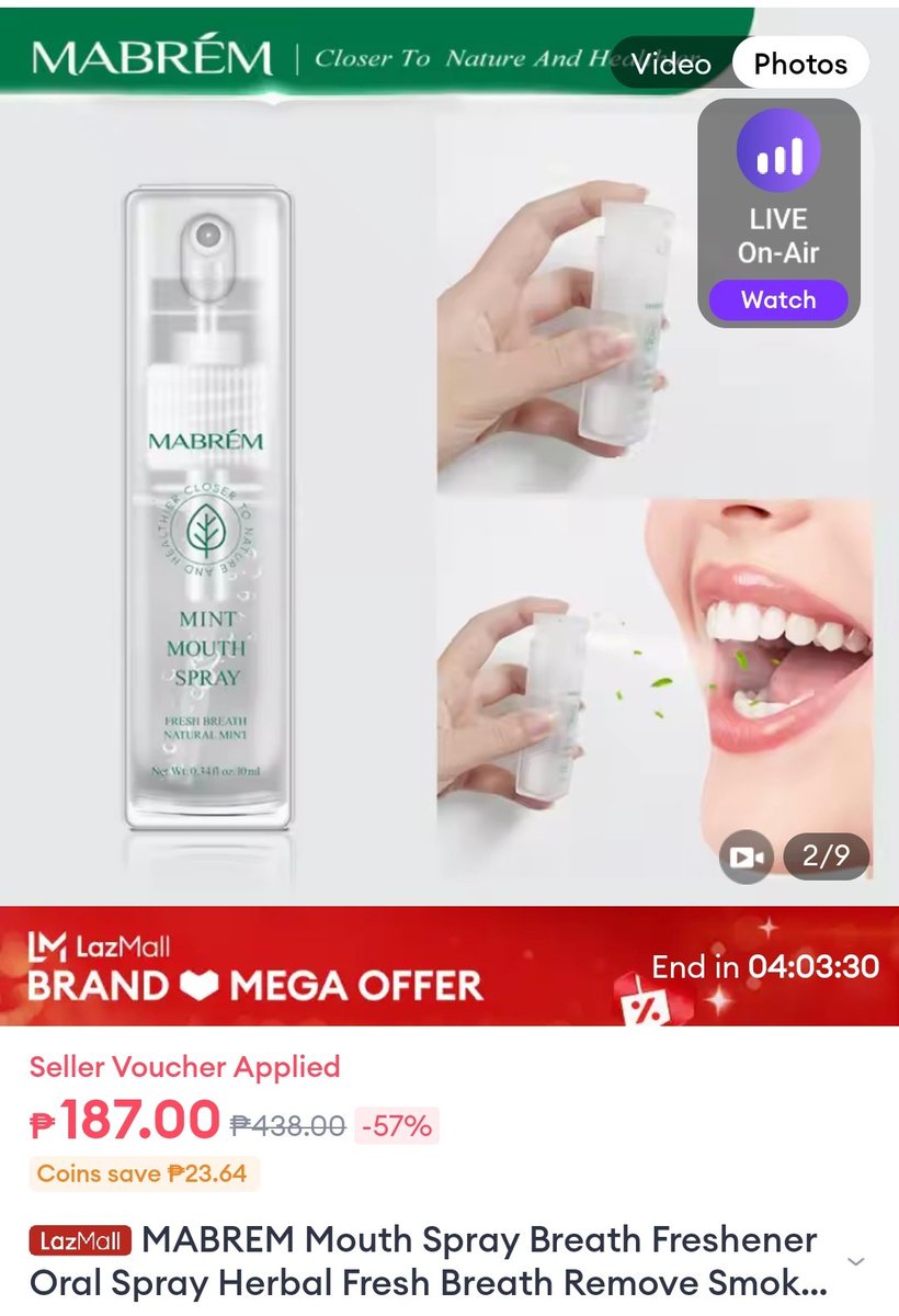 triplerhymehub's tweet image. Checkout niu na bessy para forever freshbreath ❤️❤️
⭐ Product Name:  MABREM Mouth Spray Breath Freshener Oral Spray Herbal Fresh Breath  
Product Price:  ₱438
▶️ Discount Price:  ₱197  

✅ s.lazada.com.ph/s.lW2sq?cc

#SuliTipidSaLazada #BrandSale #LazadaPH
