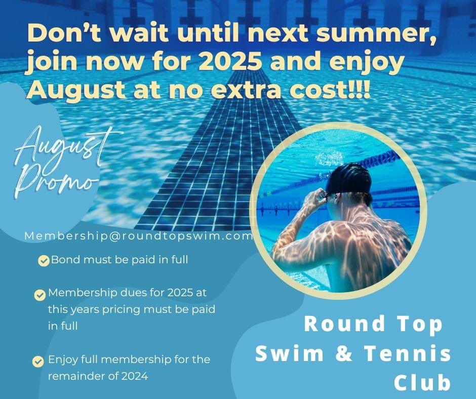RoundTopSwim's tweet photo. August Promotion Special! 
Summer is Calling , Let Round Top Answer! 
Questions? Email:
membership@roundtopswim.com https://t.co/PROWrkIqkW