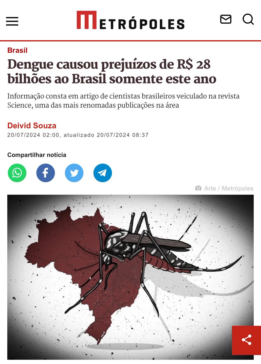 - Internações, falta ao serviço, perda de produtividade, pensões por mortes, são algumas das causas do bilionário prejuízo do negacionismo vacinal.

- País tem mais mortes por dengue no 1º semestre que em 7 anos. Com 4.367 casos fatais até 30 de junho de 2024, Brasil supera a