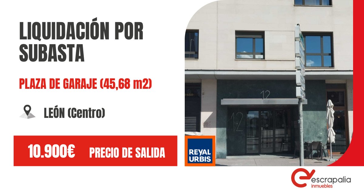 Escrapalia_Inm's tweet photo. PLAZA DE GARAJE EN PLENO CENTRO DE  LEÓN. Procede de la liquidación de Reyal Urbis:
📍Ubicación: Av. de los Reyes Leoneses, 12, Sótano 2, 24008 León, España 
📏Superficie: 45,68 m2.
💸Precio de salida:  10.900€ 
💰Fin de subasta: 22/7
 
https://t.co/nbUqEfrhrP https://t.co/3ZOopgp4qY
