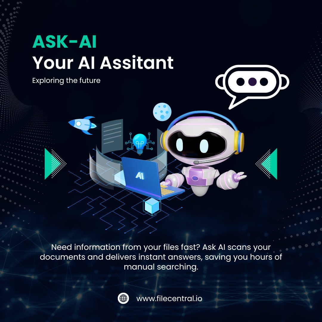 filecentral's tweet photo. Introducing Ask-AI from Filecentral: Ask any question and get precise answers from your entire file collection, along with the exact file source. 🗂️🔍 Visit https://t.co/1Zq1cETh9r to learn more. #AskAI #SmartSearch #Filecentral #AI https://t.co/kvVoHrDxzU