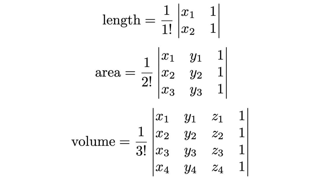 ZahlenRMD's tweet photo. Length of a line segment, area of a triangle, and volume of a tetrahedron in terms of determinants.

#sharingisthenewlearning https://t.co/JIPwiMoBuu