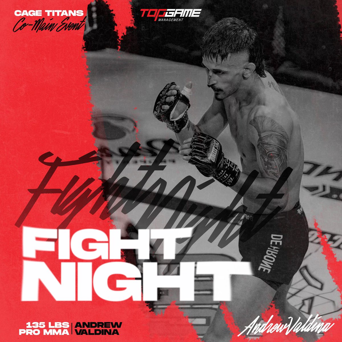 TopGameMGMT's tweet photo. 🚨 FIGHT DAY 🚨
Andrew “The Gladiator” Valdina looks to maintain his spotless professional MMA record! Catch the Cage Titans 66 action tonight at 7 PM ET!
Best of skill! ⚔️
#NewEnglandMMA #TeamTopGame #CT66
Art by TJ Carvalho 🎨 https://t.co/0rYBMzIuXv
