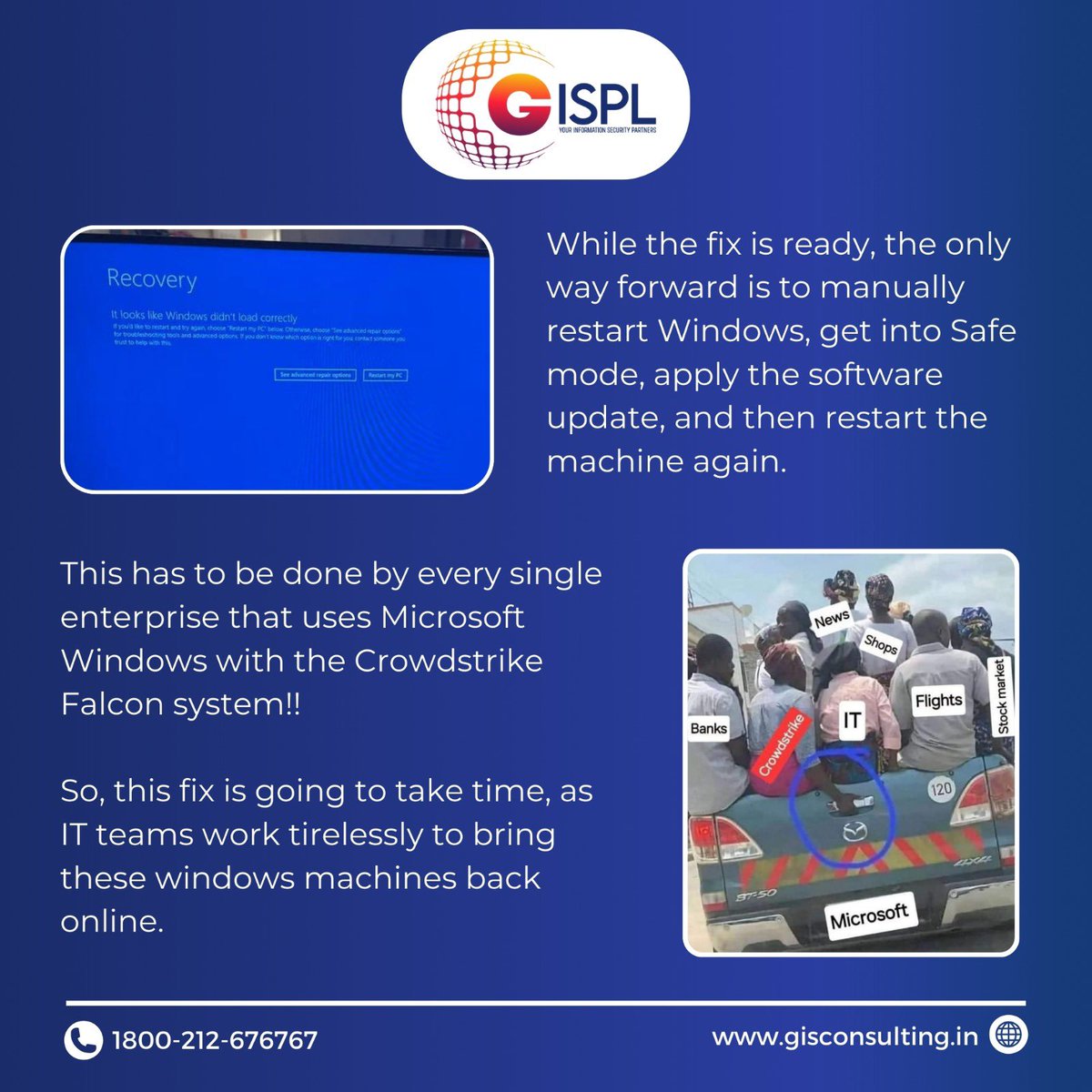 gispl_security's tweet photo. “🚨 Major IT disruption alert! The recent Microsoft-CrowdStrike issue has led to what’s being called the ‘largest IT outage in history.’ Stay informed and prepared as we navigate through these unprecedented times. 

https://t.co/jffBzjvqnd 

#ITOutage #CyberSecurity #Microsoft https://t.co/uii3SMRSDx