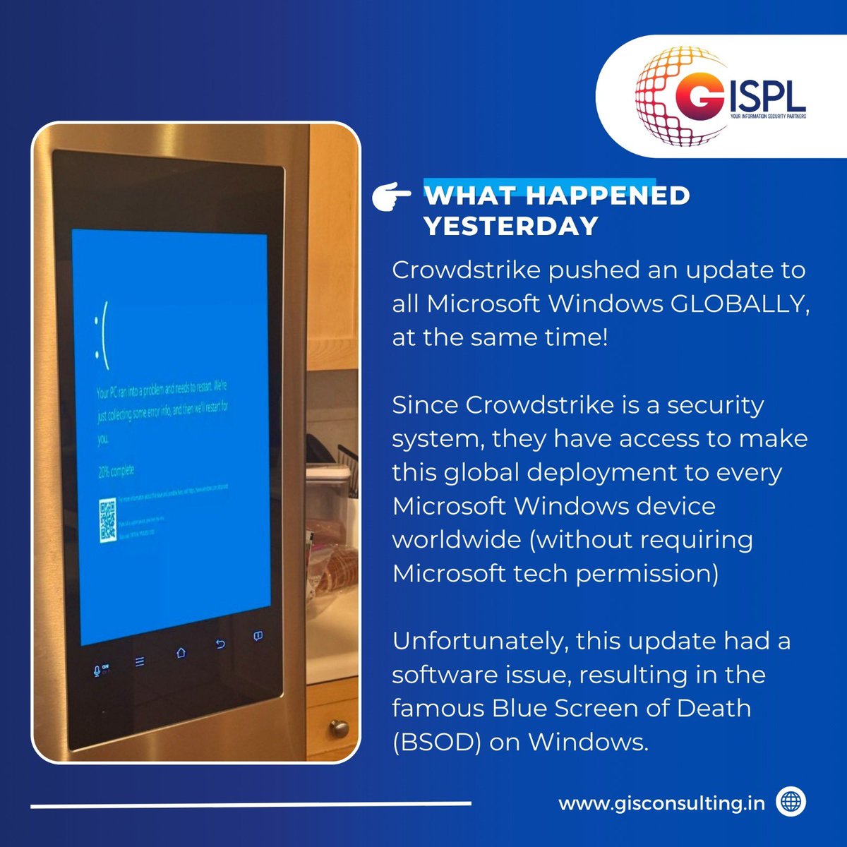 gispl_security's tweet photo. “🚨 Major IT disruption alert! The recent Microsoft-CrowdStrike issue has led to what’s being called the ‘largest IT outage in history.’ Stay informed and prepared as we navigate through these unprecedented times. 

https://t.co/jffBzjvqnd 

#ITOutage #CyberSecurity #Microsoft https://t.co/uii3SMRSDx