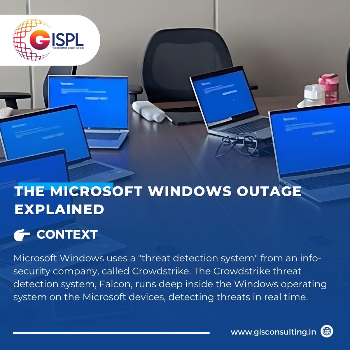 gispl_security's tweet photo. “🚨 Major IT disruption alert! The recent Microsoft-CrowdStrike issue has led to what’s being called the ‘largest IT outage in history.’ Stay informed and prepared as we navigate through these unprecedented times. 

https://t.co/jffBzjvqnd 

#ITOutage #CyberSecurity #Microsoft https://t.co/uii3SMRSDx