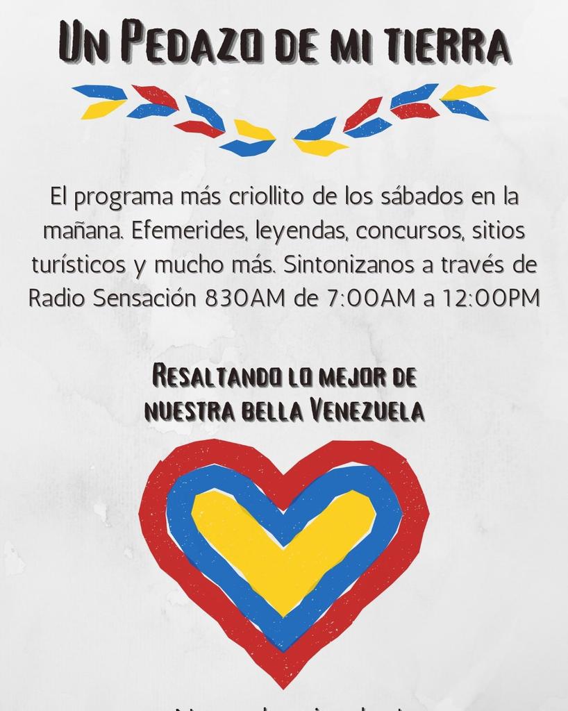 Hola amigos, buenos días💛

 Los invitamos a escuchar nuestro programa Un Pedazo de mi Tierra de 7AM a 12PM a través de radiosensacion.org

 Efemérides, leyendas, sitios turísticos,  la mejor música criolla de nuestra bella #Venezuela🇻🇪 y mucho más. ¡Que dios los bendiga!🌿