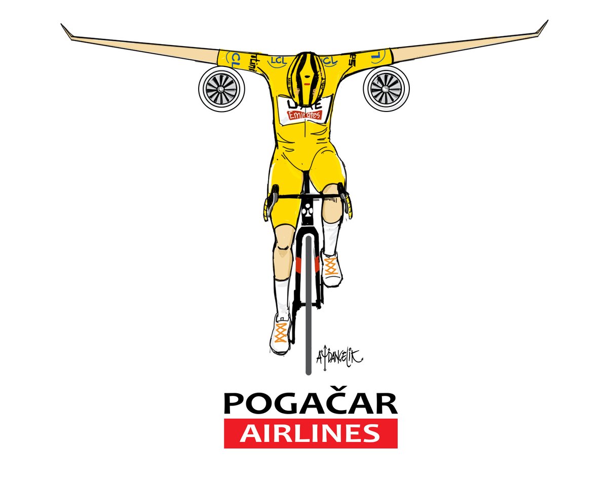 Sevgili arkadaşlar, <a href="/canereler/">Caner Eler</a>, <a href="/sarpergunsal/">Sarper Günsal</a>, dün #TadejPogacar'ın 19. etap zaferinden sonra çizesim geldi: "Pogacar Airlines" iyi uçuşlar diler :)
#TDF2024 #tdf2024tr <a href="/TeamEmiratesUAE/">@UAE-TeamEmirates</a> <a href="/TamauPogi/">Tadej Pogačar</a> @TadejPogacarFan <a href="/TadejPogacarTUR/">Tadej Pogacar Turkey Fan</a> 
#UAETeamEmirates #WeAreUAE