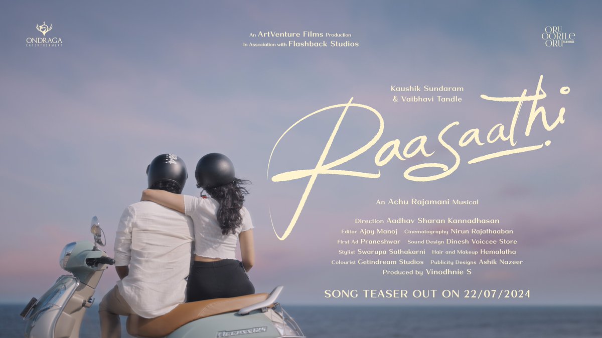 #Raasaathi will be here to sweep you off your feet on 24th July 💖

Teaser from 22 July ✨

A @achurajamani Musical 🎶
Starring #KaushikSundaram #VaibhaviTandle

Directed by @aadhavkannadhasan

#ArtventureFilms in association with <a href="/flashbackind/">Flashbackstudios</a>

#OndragaEntertainment