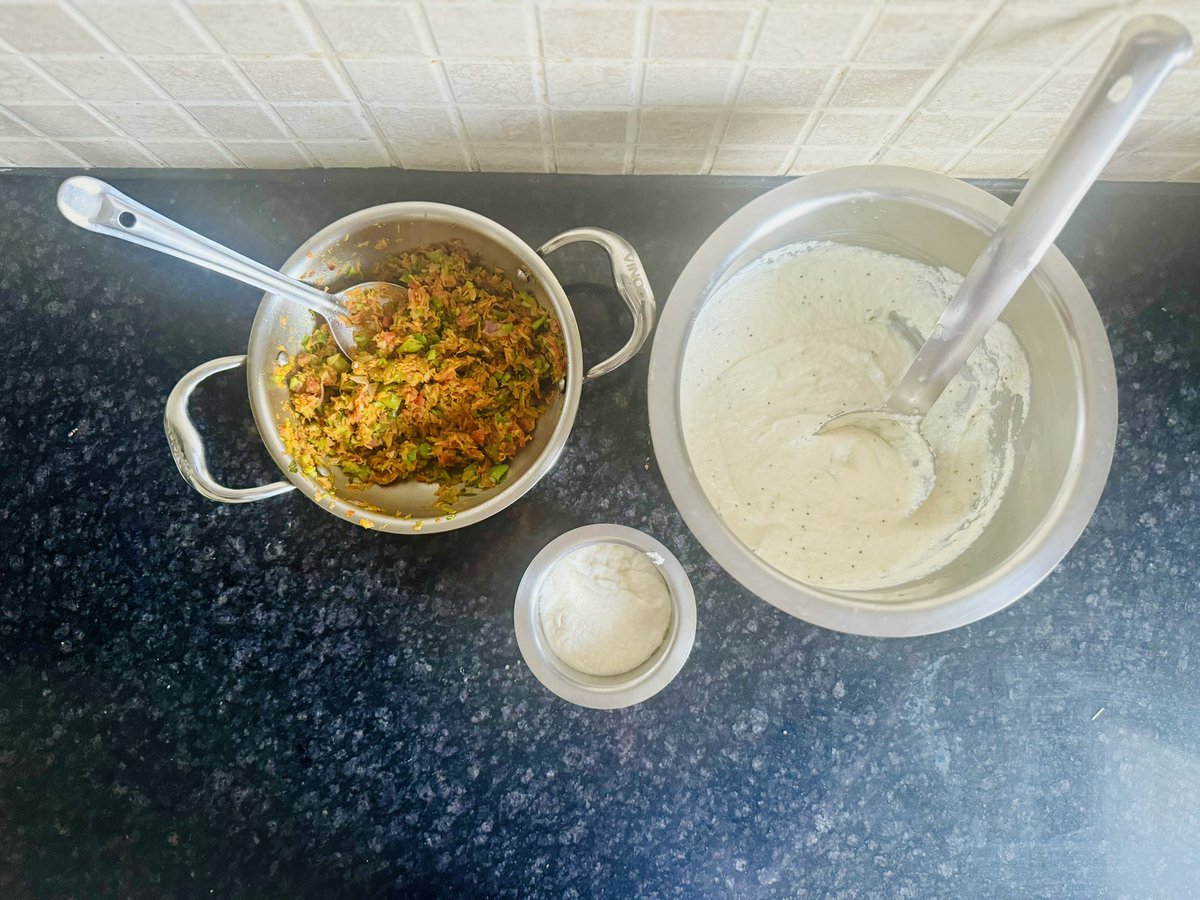 BeingAkriti_'s tweet photo. #CookingWeekend 

Trying my hands on my Mom's Special Tadka Rava Idly on my own for the first time! 

And since its me in kitchen after a long time, I had to add on my Tadka & that would be Veg Idly!

Hopefully all of it will turn out to be well! 🫣

Also, I know the Veg Mix is a lot more in proportion to the idly batter, but no worries, i am gonna use it for Uttapam, Sandwiches & fillings of other dishes as I manoeuvre my way in the kitchen this weekend! 

No wasting the food on my watch!!