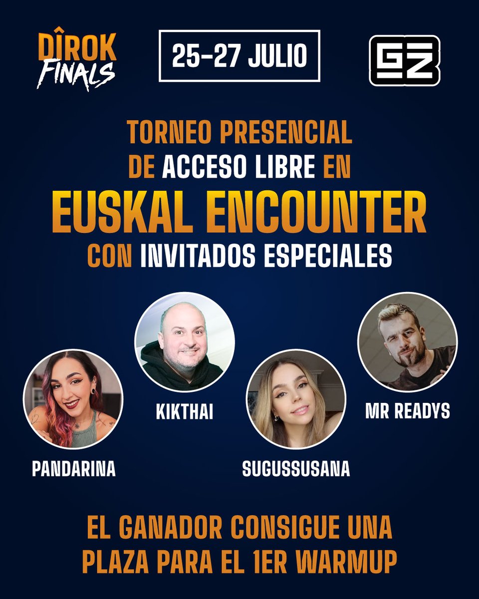 🚙 Road to #DîrokFinalsII 

Primera Parada: <a href="/euskalencounter/">Euskal Encounter</a> con <a href="/iPandarina/">pandix</a>  <a href="/SugusSusanaTW/">SugusSusana</a> <a href="/mrreadys/">MrReadys</a> <a href="/kikthai1979/">🎮Kike🎙️kikthai🎙️Huerta🎮</a> 😍

El ganador/a de este torneo consiguirá 1️⃣ plaza para el primer Warm Up de Dîrok.

🗓️ El sábado 27 de julio 
🏟️ Zona LAN
🕒 16:00 

#EE32 #Dîrok #eSports #Zamora