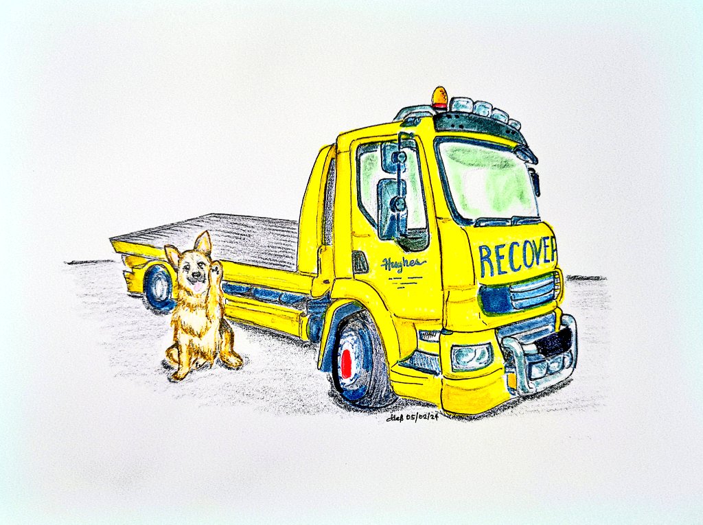 bouncebckbelle's tweet photo. This is Heidi the dog &amp; her parents' truck!
@AoifeLora commissioned me to draw them as part of her 1st Wedding Anniversary gift to her husband this month. The dog + car enthusiast in me was happy! The illustration is now in 🇮🇪. ❤️

 #MarjDrawsDogs #MarjDrawsPets #MarjDrawsCars https://t.co/90pRHjb6YH
