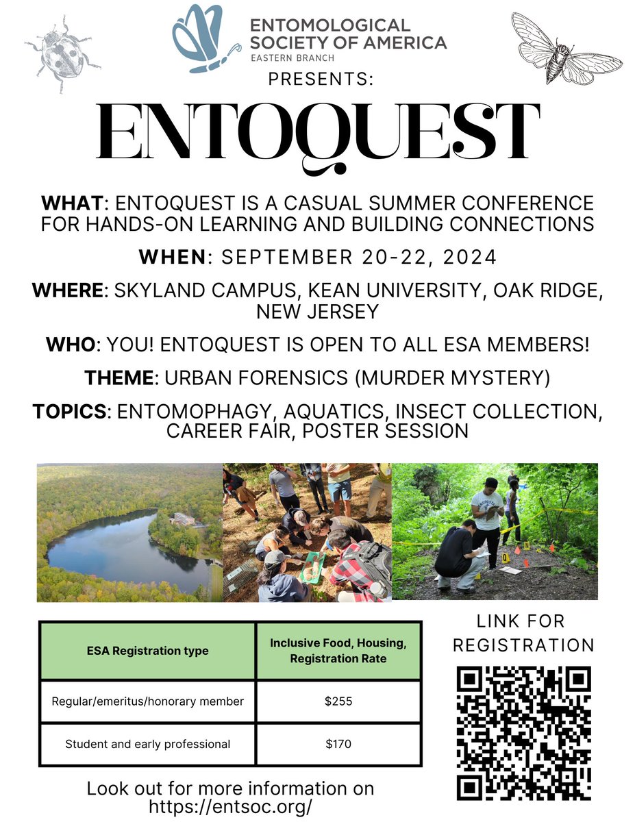 EntoStudents's tweet photo. 🌿🦋 Registration is open for #EntoQuest2024!
 Join @EB_Entosoc for hands-on workshops, recreation, and relaxation. Perfect for all entomology enthusiasts—from first-year students to established professionals. 🏞️🌟

🔗 Register here: https://t.co/28d3JdRm69

#Summermeeting https://t.co/VNw1lPrODS