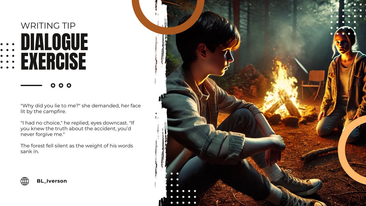 BL_Iverson's tweet image. Dialogue Exercise: Reveal a secret through dialogue. Example: 
"Are you saying you never told anyone about the map?"
 "I couldn't. It leads to my brother's grave." 💬 #WritingExercise #Dialogue #writing #amWriting #writingCommunity