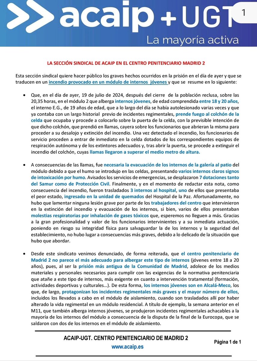 AcaipSindicato's tweet photo. @AcaipSindicato denuncia los graves incidentes de ayer donde jovenes del CP Madrid 2 provocaron un incendio https://t.co/nZ55oF7Z0e