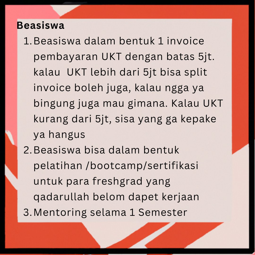 dam_mp's tweet photo. Scholarship Alert!!!!

Introducing to you, Beasiswa Sigma, batch kali ini temanya ambis.. monggo buat para mahasiswa ambis nan tangguh melewati beratnya perkuliahan, ceritakan perkuliahan kalian, supaya gw ikutan flashback keambisan jaman kuliah dulu. Detil ada di foto

Link : https://t.co/ZNYT8PkvHG 

Ketentuan Tambahan: 
1. Jangan kontak aku terkait beasiswa meskipun kenal
2. Beasiswa boleh dobel, alias penerima beasiswa lain boleh ikutan. Tapi jangan double pembayaran, alias ini beasiswa bayar sisa dari UKT mu yang ga kena beasiswa. Jadi kalau kamu beasiswa penuh dari beasiswa lain, mohon maaf gabisa ya

#Sigma #TidakMaluAmbis #AmbisSehat #NoCrabMentality #Beasiswa