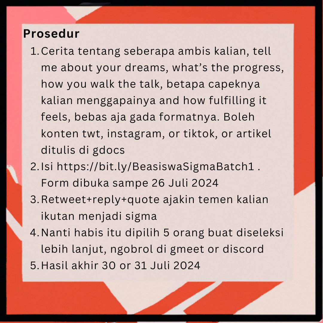 dam_mp's tweet photo. Scholarship Alert!!!!

Introducing to you, Beasiswa Sigma, batch kali ini temanya ambis.. monggo buat para mahasiswa ambis nan tangguh melewati beratnya perkuliahan, ceritakan perkuliahan kalian, supaya gw ikutan flashback keambisan jaman kuliah dulu. Detil ada di foto

Link : https://t.co/ZNYT8PkvHG 

Ketentuan Tambahan: 
1. Jangan kontak aku terkait beasiswa meskipun kenal
2. Beasiswa boleh dobel, alias penerima beasiswa lain boleh ikutan. Tapi jangan double pembayaran, alias ini beasiswa bayar sisa dari UKT mu yang ga kena beasiswa. Jadi kalau kamu beasiswa penuh dari beasiswa lain, mohon maaf gabisa ya

#Sigma #TidakMaluAmbis #AmbisSehat #NoCrabMentality #Beasiswa