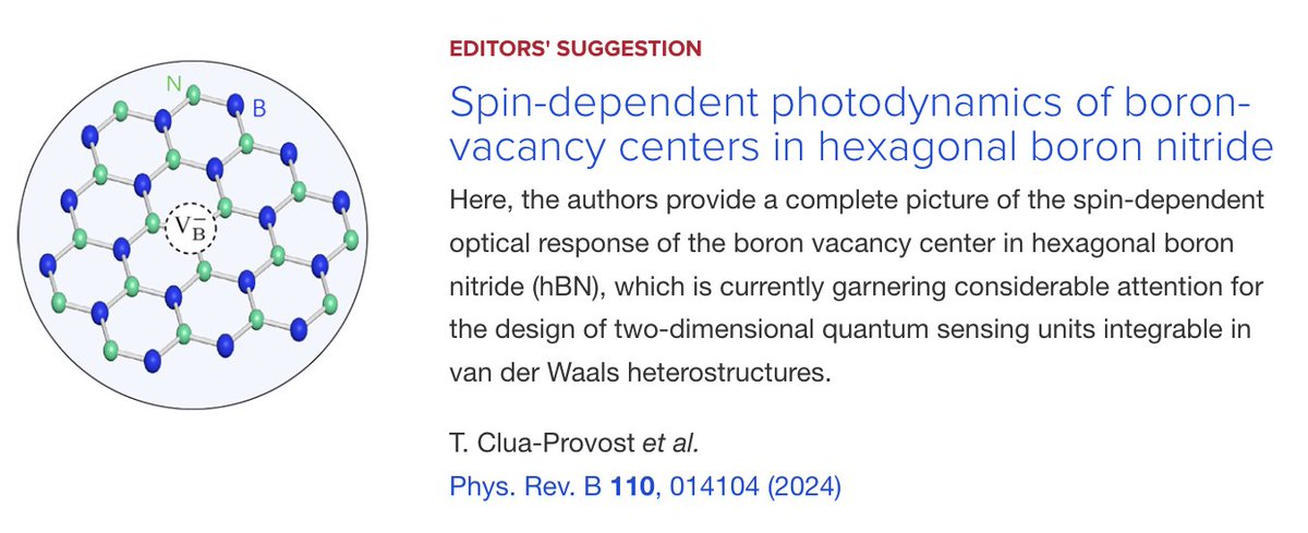 PhysRevB's tweet photo. PRB Editors' Suggestion: Spin-dependent #photodynamics of boron-vacancy centers in hexagonal #BoronNitride
T. Clua-Provost, Z. Mu, A. Durand, C. Schrader, J. Happacher et al.,
Phys. Rev. B 110, 014104
➡️ https://t.co/aVXCt821tT
#EdSugg #physics #condmat @APSPhysics https://t.co/U69UoeIMr3