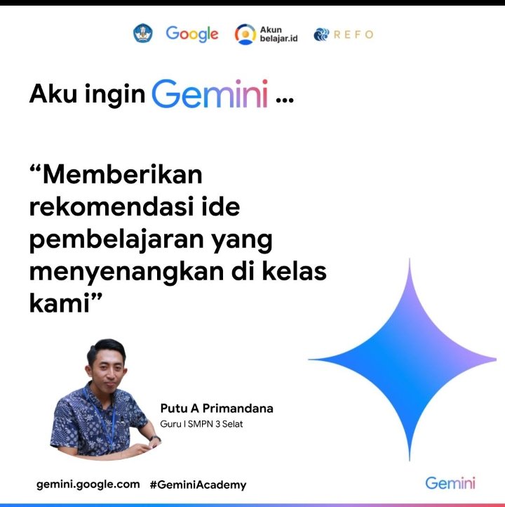 Bingung nyari ide pembelajaran yang menyenangkan?🤔
Sekarang dengan AI, impian punya asisten probadi yang praktis cepat terpercaya bukan lagi impian😁👍.
#GeminiAcademy
<a href="/RefoIndonesia/">REFO Indonesia</a> 
<a href="/googleindonesia/">Google Indonesia</a>