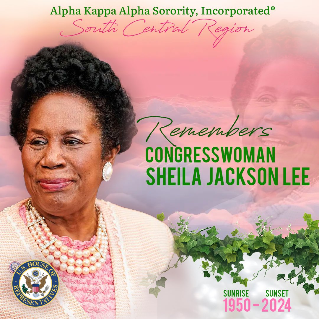 The South Central Region mourns the loss of our dear sister, Congresswoman Sheila Jackson Lee.
Sister Jackson Lee was initiated into Alpha Kappa Alpha Sorority, Inc.®, Alpha Kappa Omega Chapter.
🕊️#AKA1908  #InOurHeartsForever #SoaringwithAKA #AlwaysREALForeverSouthCentral