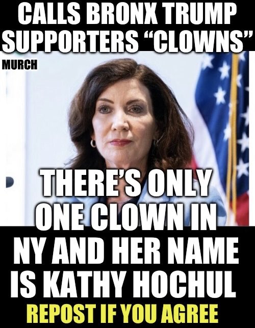 TheEXECUTlONER_'s tweet photo. Kathy Hochul is the ring leader of the circus show that is NY. 

From the illegal mass immigrants, to the NY courts persecution of DJT. 

I hope New Yorkers, people from the Bronx,  remember these 
words.

Who thinks Kathy is the biggest clown 🤡in NY?🙋‍♂️ https://t.co/YMqOLjUxah