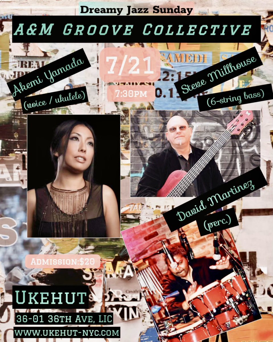 Happening tomorrow night!
A&amp;M Groove Collective hitting Ukehut 7/21 Sunday at 7:30pm.
Unique instrumentation: voice/ukulele, 6-string bass, &amp; percussion.
Please don’t miss it !
Ukehut
36-01 36th Ave, LIC, NY
明日は新しい試みのバンドで初ライブです！是非お越し下さい♪ #livejazz